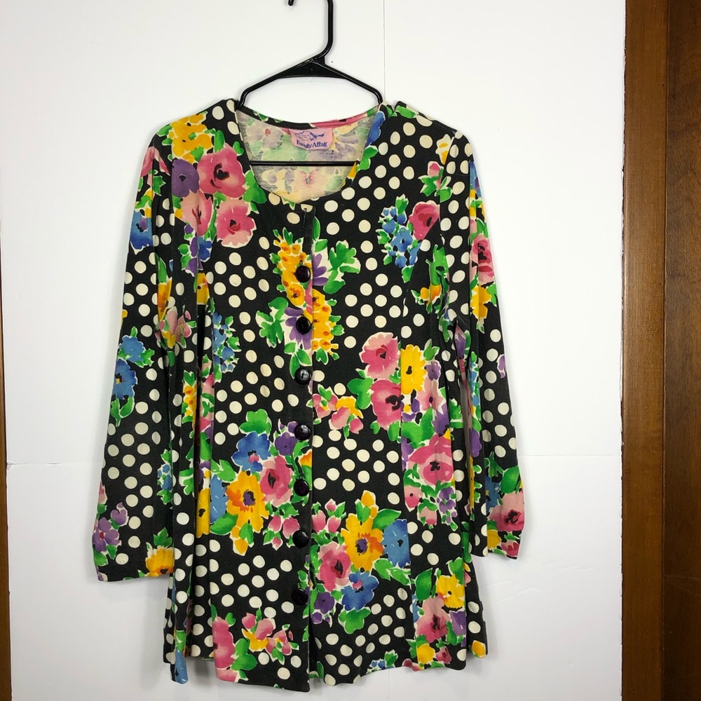 Vintage Polka Dot‎ Floral Button Down Blouse Sz L